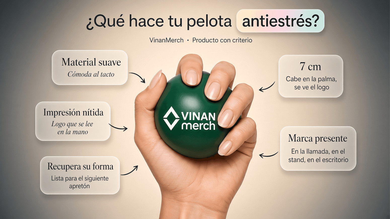 Pelota antiestrés 7 cm anotada: material suave, impresión nítida, recupera su forma, 7 cm y marca presente